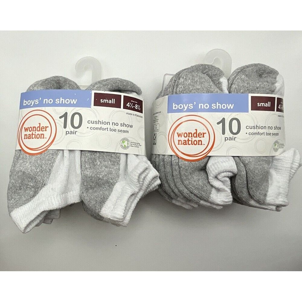 New 2 Packs Of Wonder‎ Nation Boys 10 Pair White Gray No-Show Socks Size 4.5-8.5